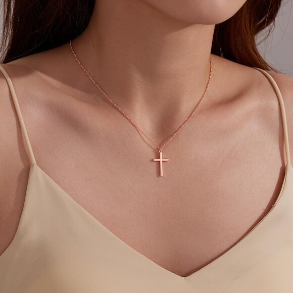 04 Simple Rose Cross Necklaces Women's Plated Dainty Silver Small Cross Pendant - Picture 2 of 5